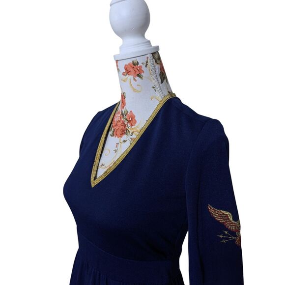 Vintage Pat Richards Sz Small Navy Blue Maxi Dress Gold Trim Embroidered Eagle - Picture 7 of 11